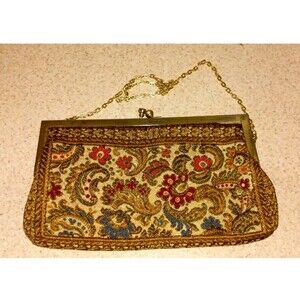 Vintage 1960s Floral Tapestry Evening Bag Kiss Lock Gold Chain Purse Hong Kong